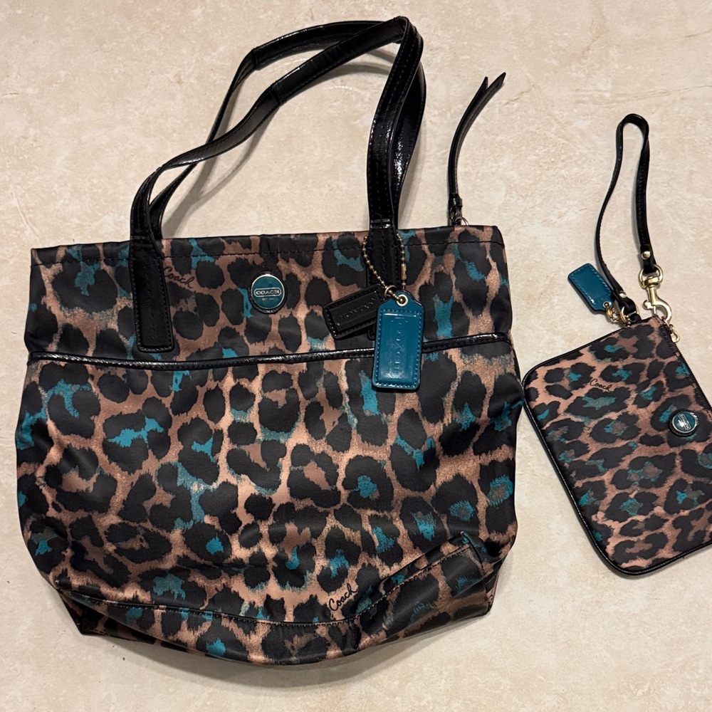 Coach Leopard Print Tote and Wristlet - Black, Brown, and Teal
